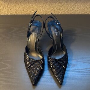Paolo Black Slingback Heels with Woven Bow
